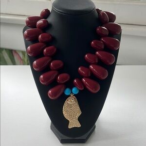 Bold Maroon Bead Necklace with Gold Fish Pendant and Turquoise Accents